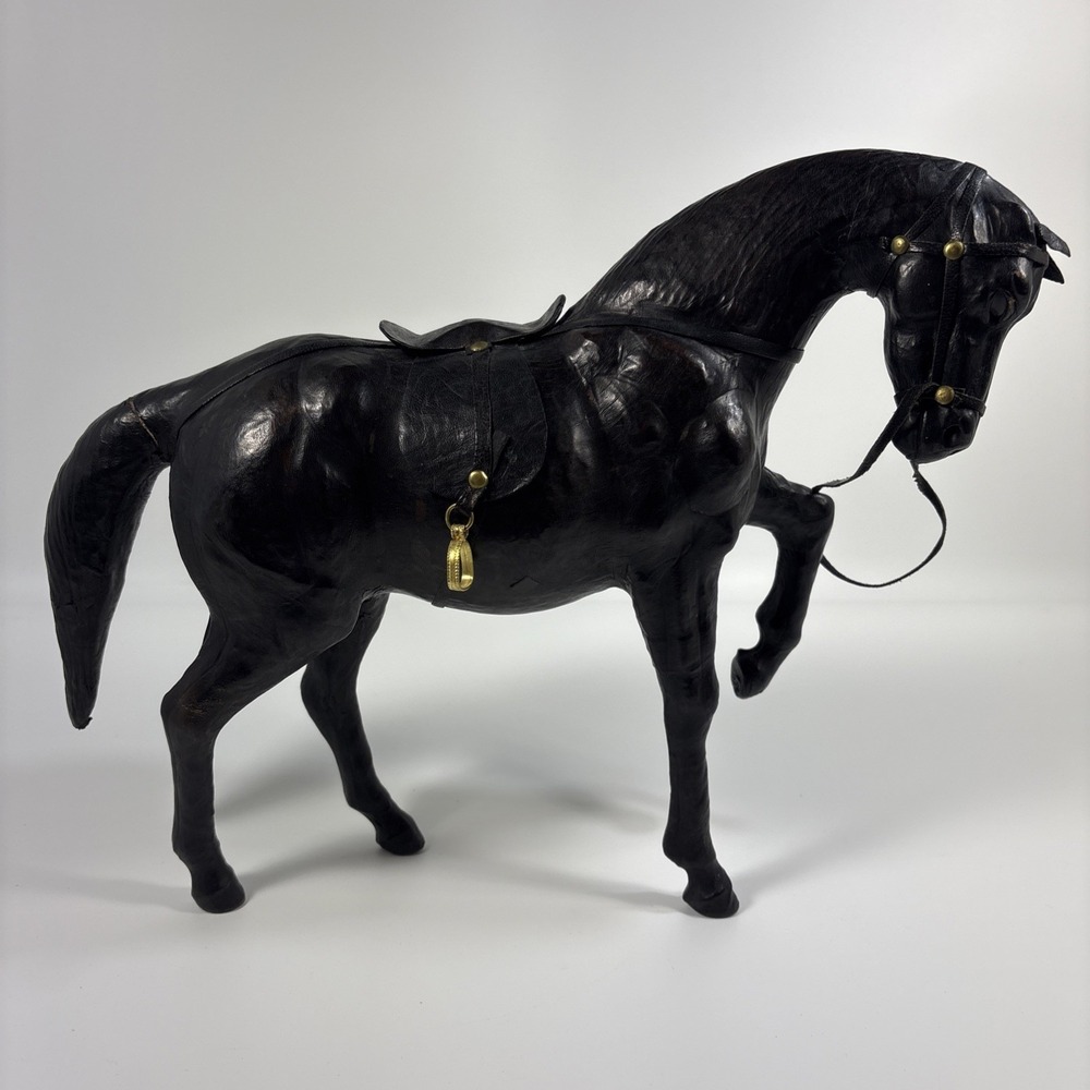 Vintage Leather Wrapped Horse Figurine 16 X 11 In Black Equestrian Western Decor